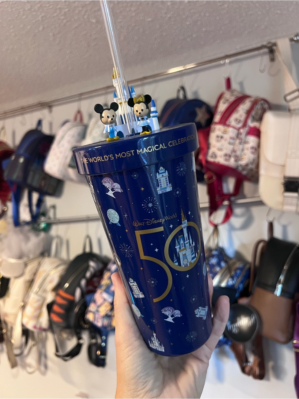 Disney Navy Blue 50th Anniversary Tumbler with Mickey Straw Topper